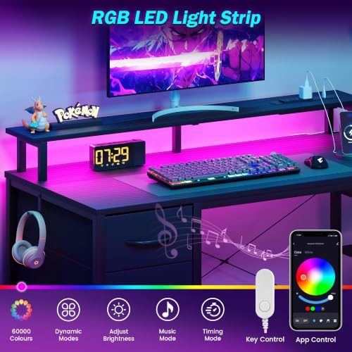 Carbon Fiber Black Gaming Desk 51 Inch with Drawers LED Lights & PC Stand