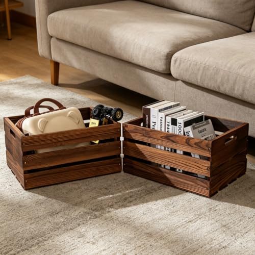 Set of 3 Rustic Wooden Storage Crates with Handles - Dark Brown Farmhouse Decor