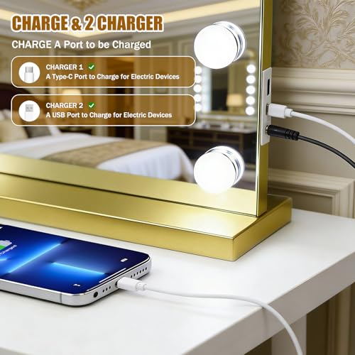 Vanity Mirror with Lights, 23"¡¿18" Large Hollywood Makeup Mirror with 15 Dimmable Bulbs, 3-Color Lighting, Dimmable, 10x Magnification, Desk Mirror, Bedroom (Gold)