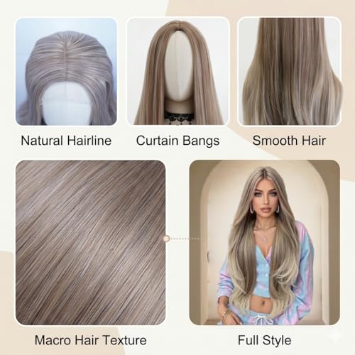 Long Ombre Blonde Wavy Curly Wig with Middle Part - Brown Ombre, 30 Inch Synthetic Hair for Women