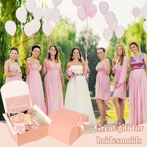 9 Pcs Bridesmaid Proposal Gifts - Will You Be My Bridesmaid Kit with Elegant Box Jewelry Box Glass Cup Invited Cards Knotted Bracelets Sunglasses Scrunchies Raffia Grass (Pink)