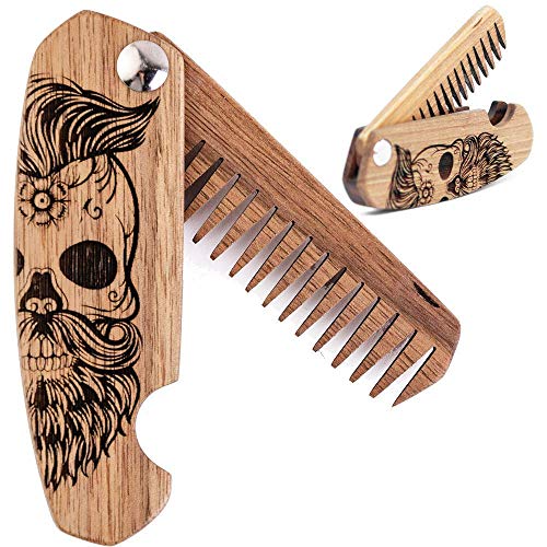 Wooden Beard Comb for Men - Folding Walnut Grooming Tool, Mustache & Hair Brush
