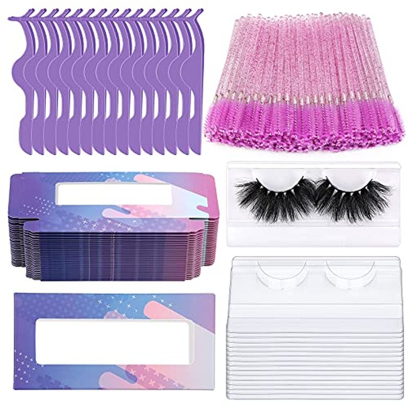 175 Pieces Lash Packaging Wholesale, Include 30 Empty Eyelashes Packaging Box, 30 False Lash Trays, 15 Eyelash Tweezers and 100 Eyelash Brush Mascara Wands Disposable (Purple)