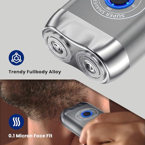 Mini Electric Shaver for Men, Alloy Portable Shaver for Face & Beard, IPX7 Waterproof Rechargeable Travel Razor with Detachable Head, Cordless Wet/Dry Shaving, Easy Cleaning