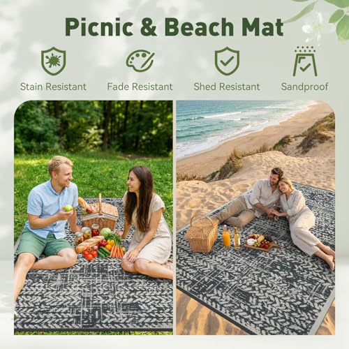 Outdoor Waterproof Rug 8x10 ft Patio Rug Mat for Balcony Deck Camping Beach Grey