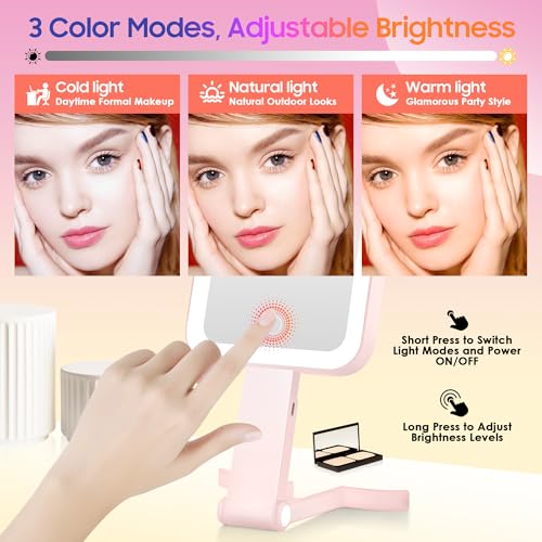 GOMIPURU Rosy 30X/1X Magnifying Travel Mirror with Light - Foldable USB USB-C Powered, 3 Color Brightness, Portable Handheld & Desktop