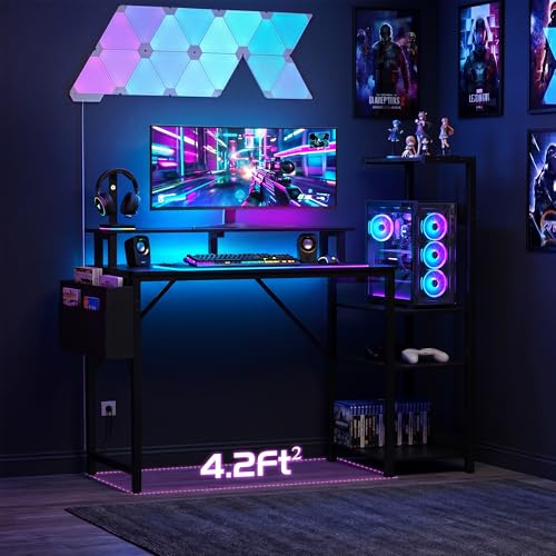 Apicizon 43-Inch Gaming Desk with Monitor Stand, Left/Right Shelves, Black