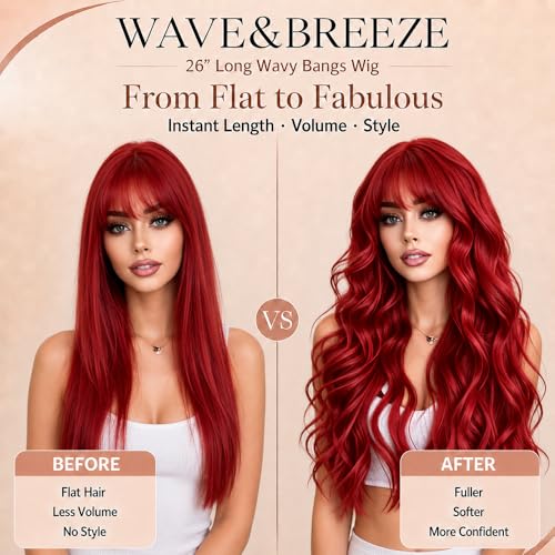 Red Wavy Curly Wig with Bangs - 26 Inch Long Synthetic Hair for Women - Variation of THIS listing