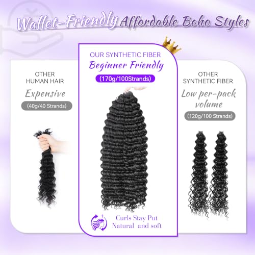 Deep Wave Feather Crochet Hair Extensions - 18 Inch, 100 Strands, Color #1B - Beginner Friendly