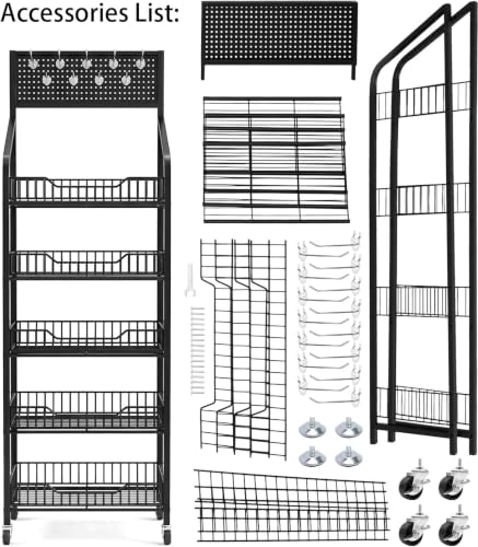 Black 5-Tier Candy Display Rack with Lockable Wheels & Hooks