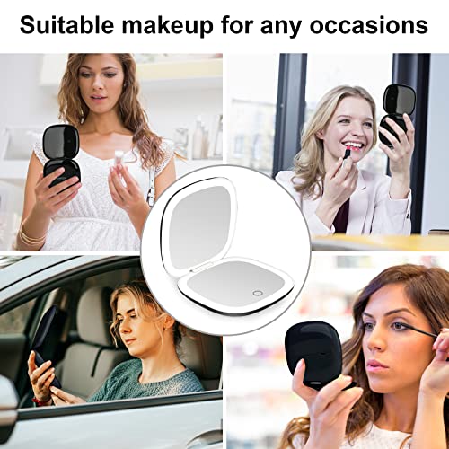 Lighted Travel Compact Mirror with 1X/10X Magnification & Dimmable LED Light - Black