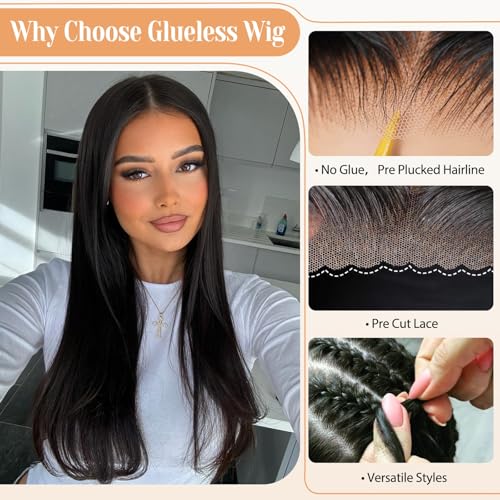 Black 24 Inch Wear and Go Glueless Straight Human Hair Lace Front Wig 6x4