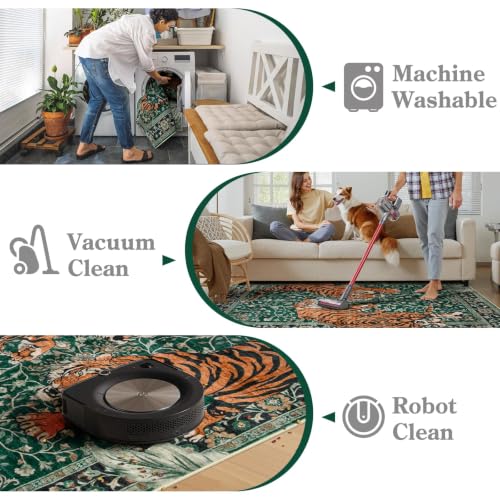 6' x 9' Green Tiger Area Rug - Boho Vintage Non-Slip Washable Floor Carpet