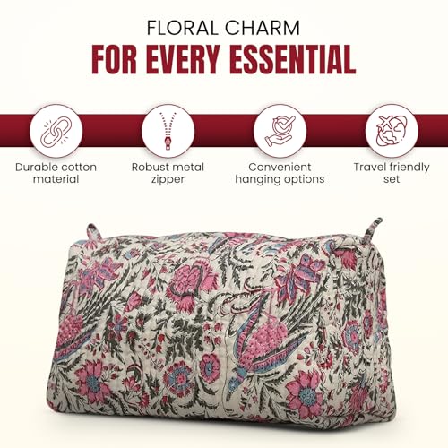 Set of 3 Cotton Floral Print Toiletry Bags for Women Travel Makeup Organizer - Off White