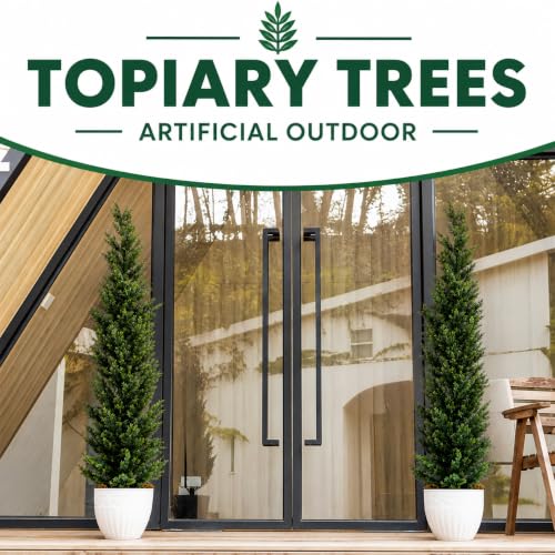 5 Feet Outdoor Artificial Cedar Topiary Trees Set of 2 - UV Resistant Faux Shrubs with Potted Design - Green