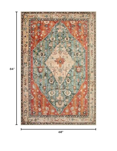 Boho Tribal 5x7 Washable Living Room Rug - Geometric Oriental Style, Non-Slip Entryway Carpet