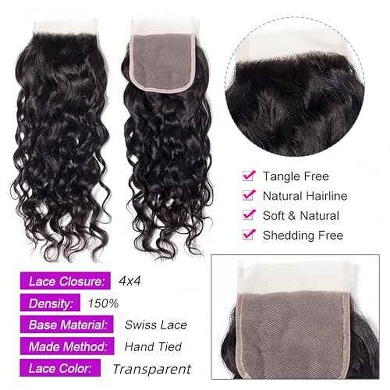 Brazilian Water Wave 5Bundles(50g/bundle) with 4x4 Lace Closure Wet and Wavy Bundles with Closure Deep Curly Bundles Human Hair Bundles with Closure (16/16/16/16/16+16)