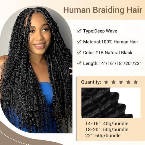 Human Braiding Hair Deep Wave 10A Virgin Brazilian Bundle 14 Inch Black #1B Variation