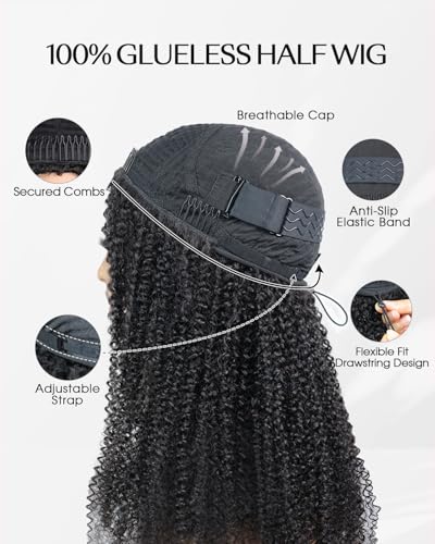 FACMOOD Kinky Curly Half Wig Human Hair 16 Inch 200% Density Glueless Headband Wig for Women - Beginner Friendly