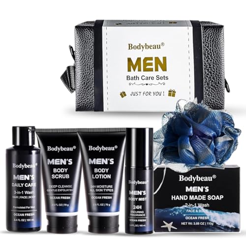 Men’s Bath & Body Gift Set with 7 Items - Shower Gel, Scrub, Lotion, Mist, Soap, Puff & Travel Bag