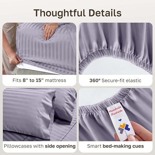 Lavender Striped 16-Piece Split King Cotton Sateen Bed Sheets Set