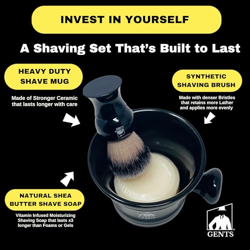 G.B.S GENTS Wet Shaving Kit - 4-Piece Set in Black Ceramic Bowl, Synthetic Brush, Stand & Shea Soap