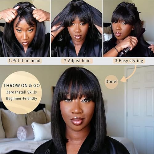 Goodear 10 Inch Straight Bob Wig with Bangs - Brown Highlights, Glueless Synthetic Wig RSP08#