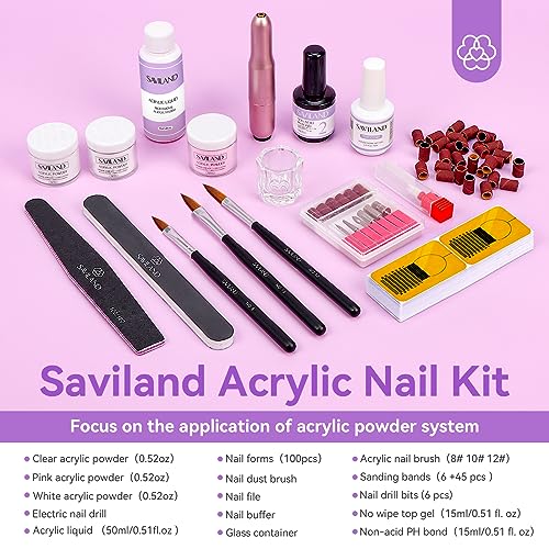 SAVILAND Acrylic Nail Kit with Drill: 15g White Pink Clear Acrylic Powder and Liquid, 100 Forms, Brushes, Primer, Top Gel & Tools ? Extension Nail Kit for Beginners with Everything Home Use