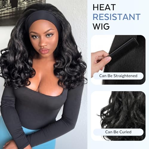 Curly Headband Wig for Black Women 20 Inch Kinky Straight Afro Style with Attached Headbands - #1B Black