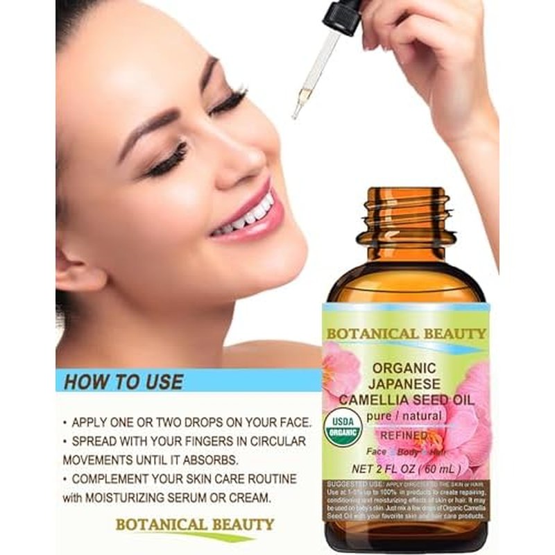 Botanical Beauty Japanese ORGANIC CAMELLIA Seed Oil. 100% Pure Natural Undiluted Refined Cold Pressed Carrier Oil to revitalize and rejuvenate the hair, skin and nails. 0.5 Fl. oz 15 ml