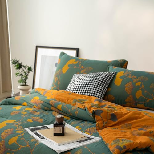 Purefair Green Yellow 100% Cotton Muslin Jacquard Comforter Set - King, Reversible Floral Ginkgo Print, All-Season Bedding