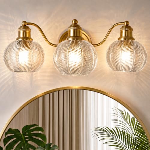 Gold 3-Light Vintage Bathroom Vanity Light Fixture with Clear Globe Shades - Reversible Wall Sconce