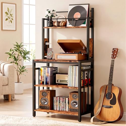 Wooden Record Player Stand with Storage and Power Outlets - Space Saving Vinyl Rack