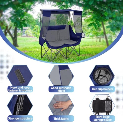 Teenyyou Double Camping Chair with Canopy - Blue & Grey Heavy Duty Support 660lbs