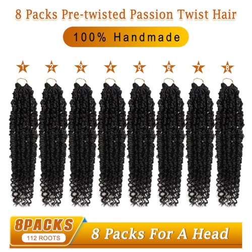 Pre-Twisted Passion Twist Crochet Hair 16 Inch - 8 Packs, Natural Black (1B#)