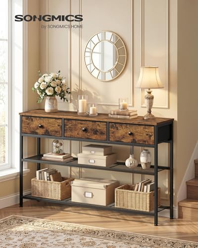 SONGMICS Rustic Brown Console Table with 3 Fabric Drawers, Narrow Entryway Furniture - 11.8"D x 44.8"W x 31"H