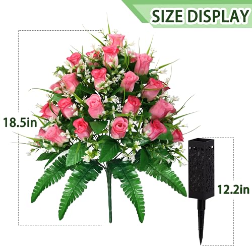 Artificial Cemetery Flowers Pink Rose Bouquet Set with Vases - Outdoor Grave Decorations