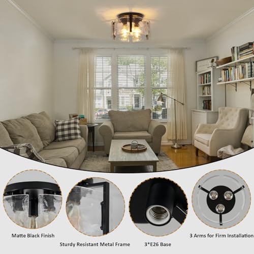 Black Semi Flush Mount Ceiling Light Fixture - 3-Light Modern Foyer & Bathroom Light