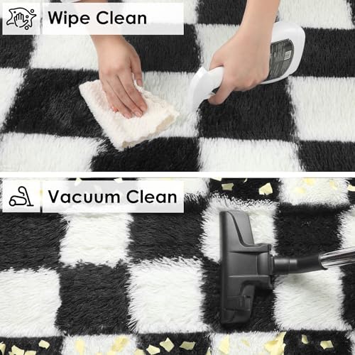 8x10 Black and White Checkered Shag Area Rug - Large Fluffy Plush Carpet for Living Room & Bedroom - Non-Slip Fuzzy Fuzzy Fuzzy Rug for Kids & Home Decor