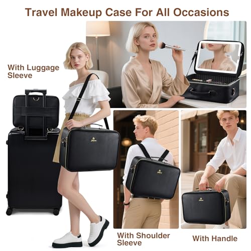 Large Makeup Bag with LED Mirror - Travel Cosmetic Train Case for Makeup Artists, Black