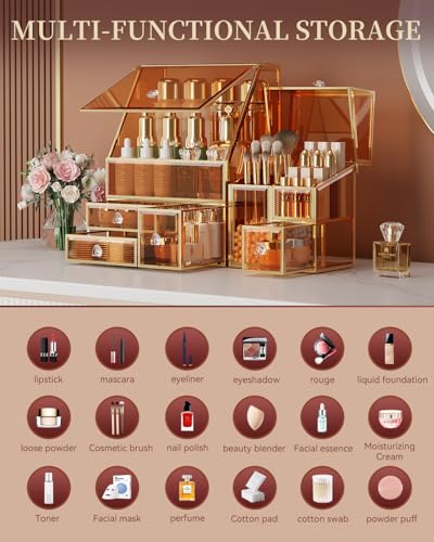 CoralHouse Amber Glass Makeup Organizer Set with Brush Holder & Storage