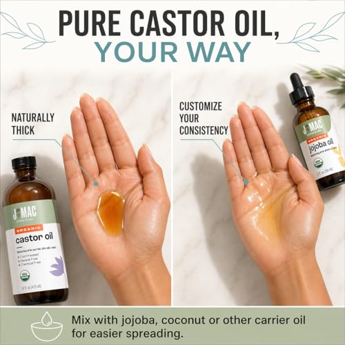 J MAC BOTANICALS Organic Castor Oil 32 oz Cold Pressed Moisturizer for Hair & Skin with Amber Glass Bottle