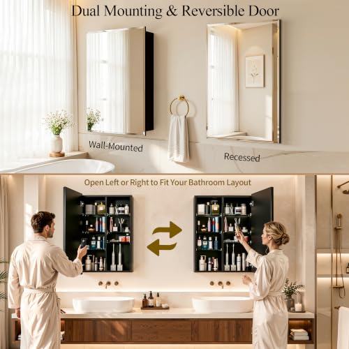 Matte Black Frameless Aluminum Medicine Cabinet 16x24 with Beveled Mirror