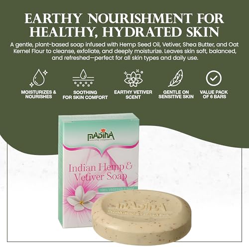 Madina Indian Hemp Vetiver Soap Bar ? Moisturizing, Nourishing, Shea Butter, Oat, Wheat Bran, Gentle Cleanser, 100% Vegetable-Based, For All Skin Types, 6 Pack (3.5 oz Each)