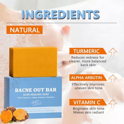 Bacne Out Bar, Acne Healing Soap with Turmeric Vitamin C & Alphaarbutin, Natural Exfoliating Cleanser for Back, Face, Chest, Shoulders (1)