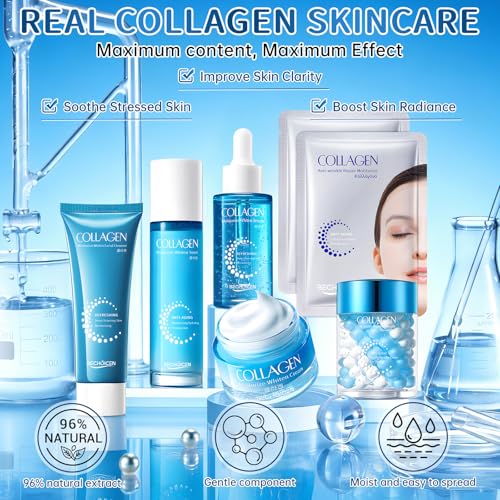 BECHOICEN Collagen Skincare Set for Women – Blue 7-Piece Face Care Kit with Cleanser, Toner, Serum, Eye Cream, Face Cream & Masks – Hydrating & Firming Routine