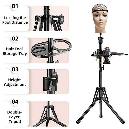 ?? Wig Head Stand Tripod - Reinforced Mannequin Stand, Adjustable Height 31" - 57" Wig Stand for Styling, Cosmetology Hairdressing Training with Wig Caps, T-Pins Hair Clips