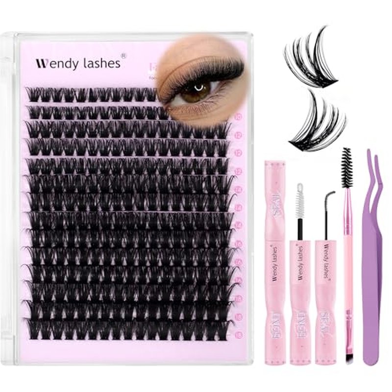 DIY Lash Extension Kit 80D Wispy Lashes 280PCS D Curl 10-18mm Individual Cluster Lashes Kit Includes Lash Bond and Seal,lash Tweezers,Mascara Brush Natural Look Volume Extensions Beginner Friendly