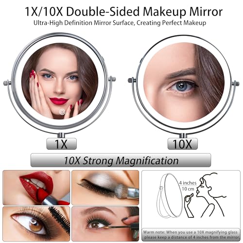 JANEEVA Chrome 8-Inch Wall Mounted Lighted Makeup Mirror 1X/10X Magnification, Touch Dimmable, 360° Swivel