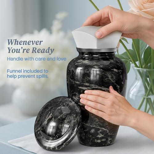 Hearthy Home Large Black Marble Cremation Urn for Human Ashes - Elegant Memorial, 10.5H x 6.25W